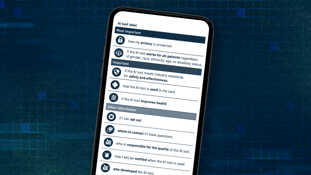Image of a smartphone screen shows a list of setting options titles "AI tool label." It is listed into categories of Most Important, Important, and Other Information. 