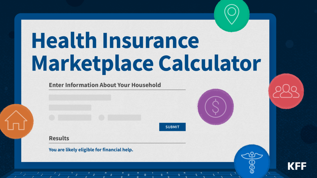 Health Insurance Marketplace Calculator webpage on a laptop screen, prompting users to enter household information. The page includes a submit button and a results section indicating likely eligibility for financial help.