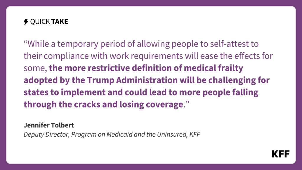 An image of text is an excerpt from Jennifer Tolbert's quick take which reads, "While a temporary period of allowing people to self-attest to their compliance with work requirements will ease the effects for some, the more restrictive definition of medical frailty adopted by the Trump Administration will be challenging for states to implement and could lead to more people falling through the cracks and losing coverage."